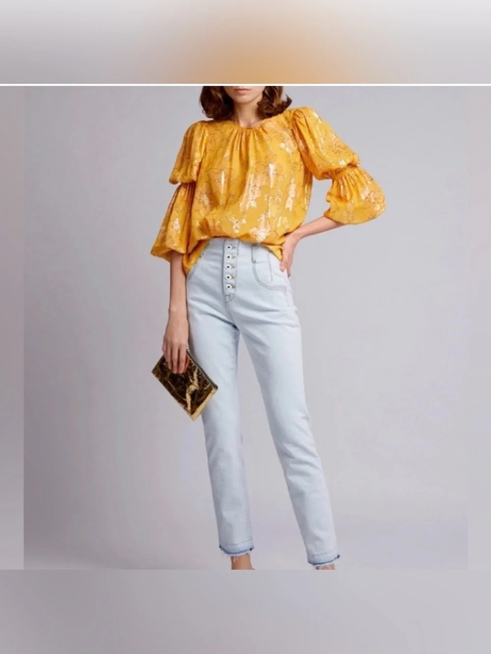 Ulla Johnson Aster Mustard Floral Metallic Long Sleeve Blouse | Size 4